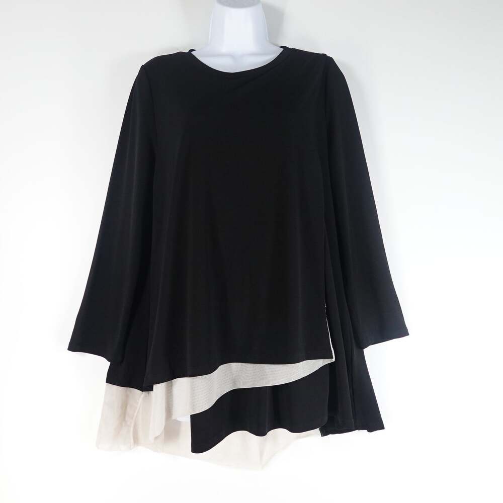 IC By Connie K Top Women M Black Tunic Jersey Stretch Asymmetrical 3/4 Sleeve